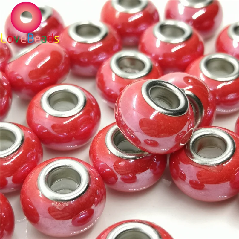 

10 Pcs Lot Wholesale 16x10mm Big Round Color Glass Murano Beads Large Hole Fit Pandora Bracelet Pendant Charms Necklace Jewelry
