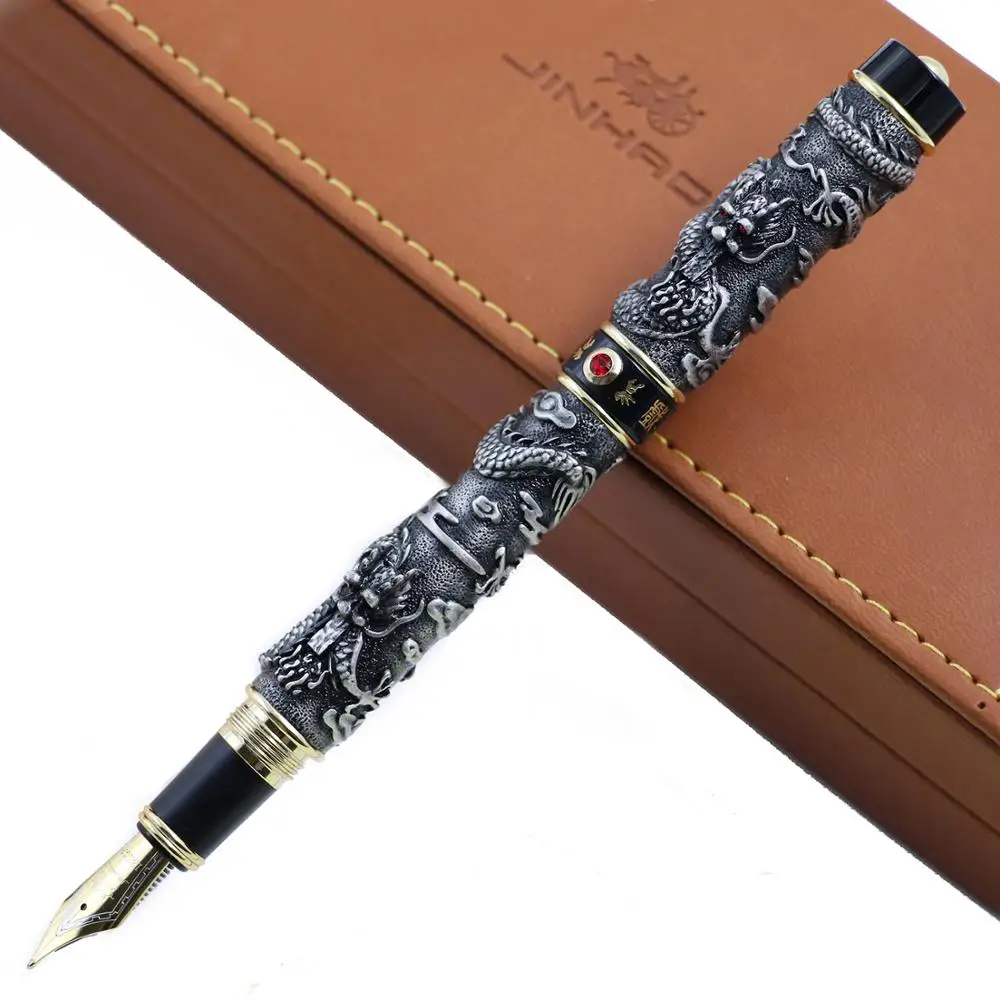 Jinhao Дракон фонтан PeLuxury чернильная ручка перьевая Средний Перьевая Кожа Подарочная коробка набор офисные принадлежности изысканный подарок caneta tinteiro