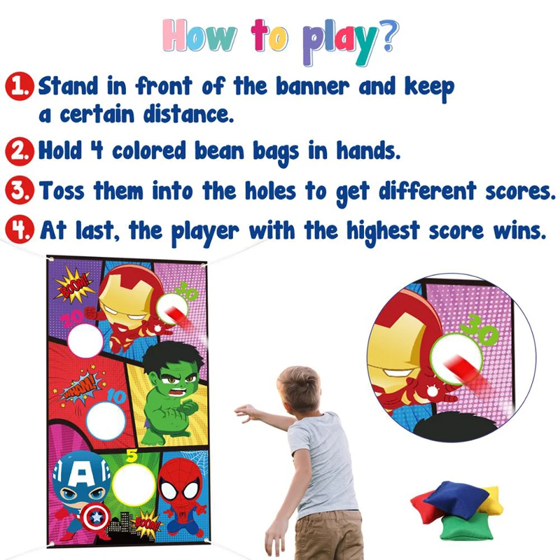 Jogos de Super Bolsas de Feijão Jogo de Arremesso para Áreas Internas e Externas para Crianças e Família Banner para Festa Material de Decoração Herói com 4 5 Jogos de super herói com 4 sacos