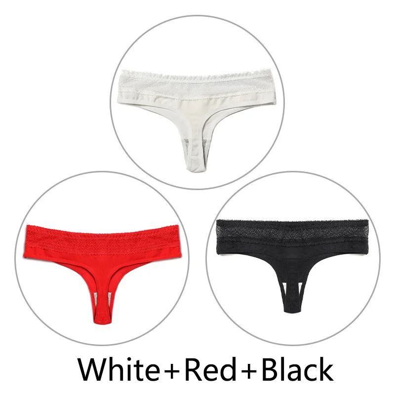 White Red Blue 3 шт./партия, стринги из чистого хлопка, женское нижнее белье, сексуальные кружевные трусики, стринги, нижнее белье ажурные дышащие трусики M-3XL, большие размеры - Цвет: White Red Blue