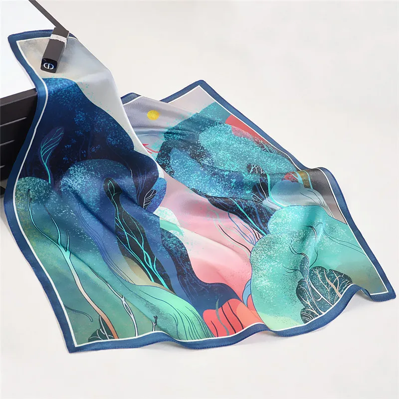  POBING 100% Pure Silk Scarf Geometric Painting Square Scarves Small Head Handkerchief Wholesale Fou