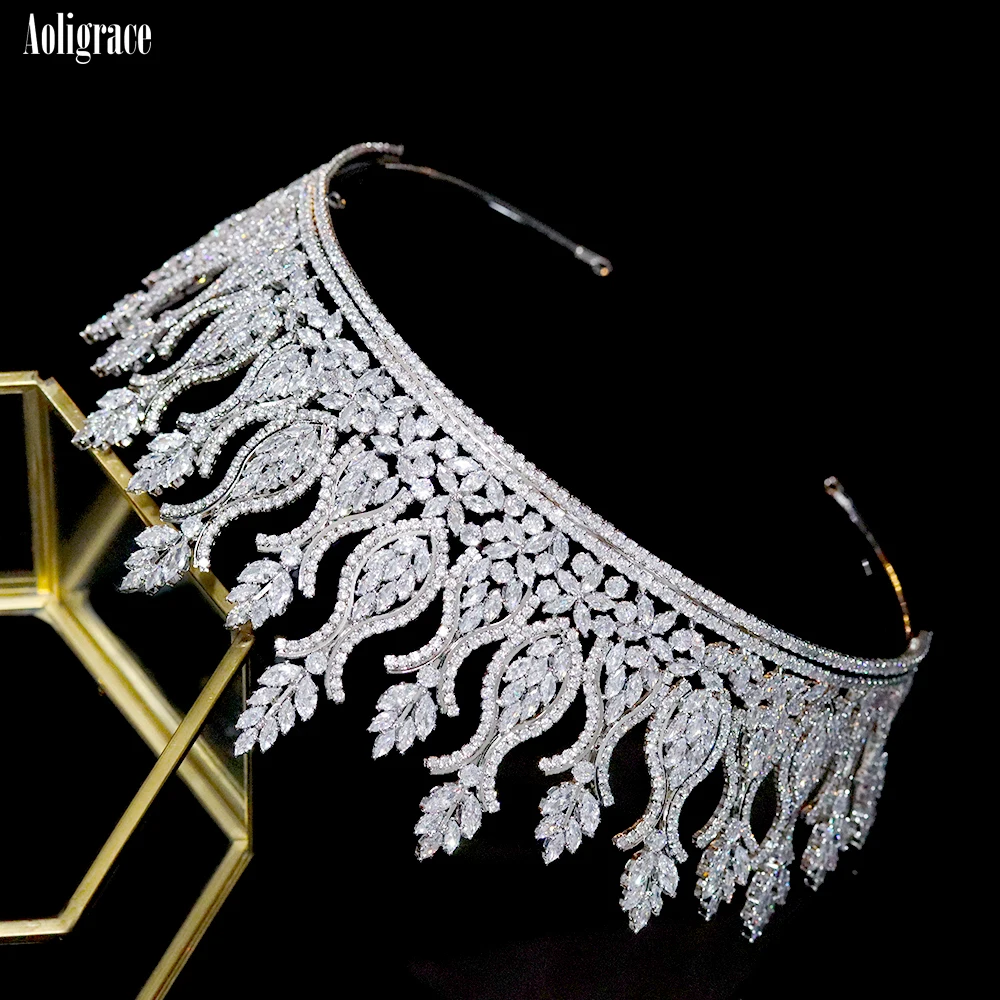 Luxury Big Cubic Zirconia Wedding Crowns Platinum Plated CZ Tall Tairas Unique Design Zircon Birthday Party Sweet 16 Headpieces