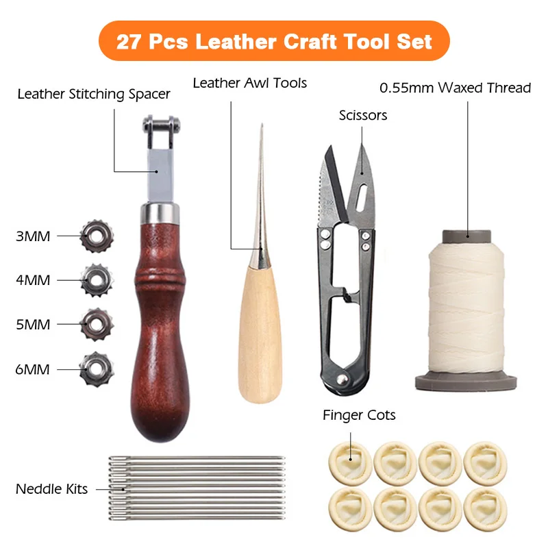 26 Pieces Leather Working Tools Set with Groover Awl Waxed Thread Thimble Kit for Stitching Punching Cutting Sewing Leather Craft Making Leather Crafting Tools and Supplies 