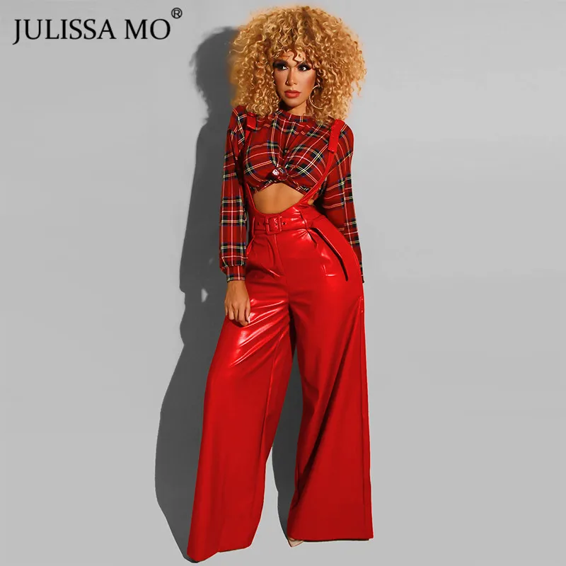Красный Julissa mo, красные сексуальные широкие штаны из искусственной кожи, женские комбинезоны, осенние свободные длинные штаны с высокой талией и поясом, комбинезон, брюки - Цвет: Красный