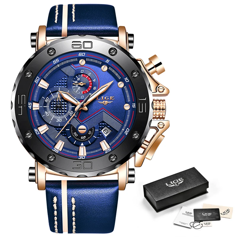 Lige Mens Watches Top Brand Luxury Fashion Military Quartz Watch Men Leather Waterproof Sport-6