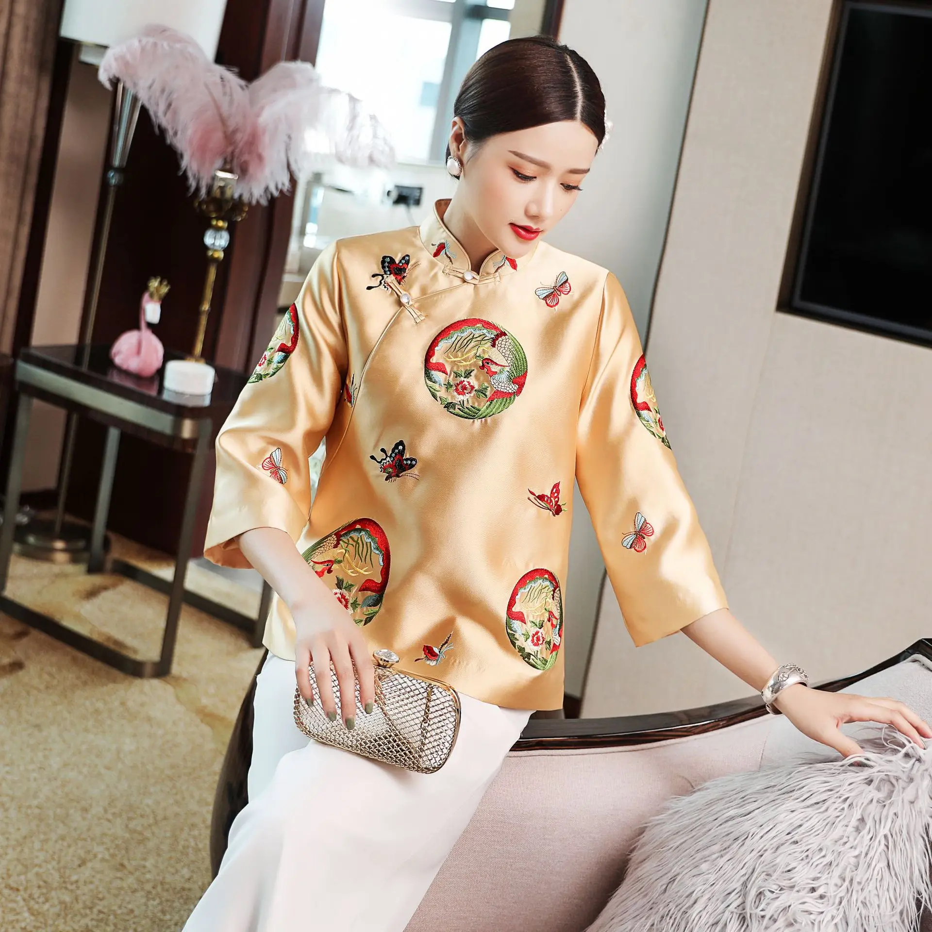Женское традиционное пальто с китайским воротником и вышивкой, китайская атласная блузка с цветочным принтом, элегантные топы, традиционная одежда