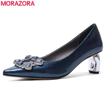 

MORAZORA 2020 New cow leather ladies pumps spring summer high heels dress shoes rhinestone wedding shoes female size 34-42