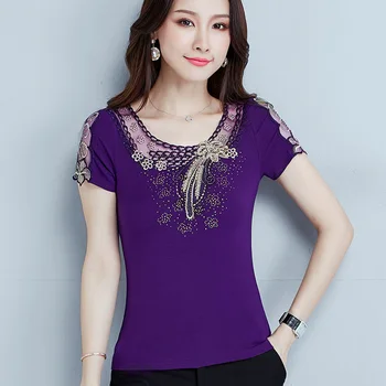

Lace Patchwork Lady Casual T-Shirts Plus Size M-4XL Short Sleeve Women Black Fashion Tops 2019 Summer Clothing