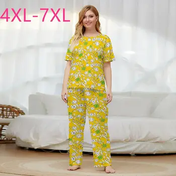 

New 2020 summer plus size pajamas for women loose floral yellow T-shirt and long pants home wear two piece suits 4XL 5XL 6XL 7XL