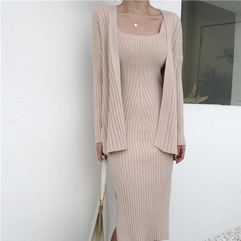 Autumn and winter new versatile slim fashion sexy knit cardigan suit strap dress women's autumn and winter foreign two-piece women