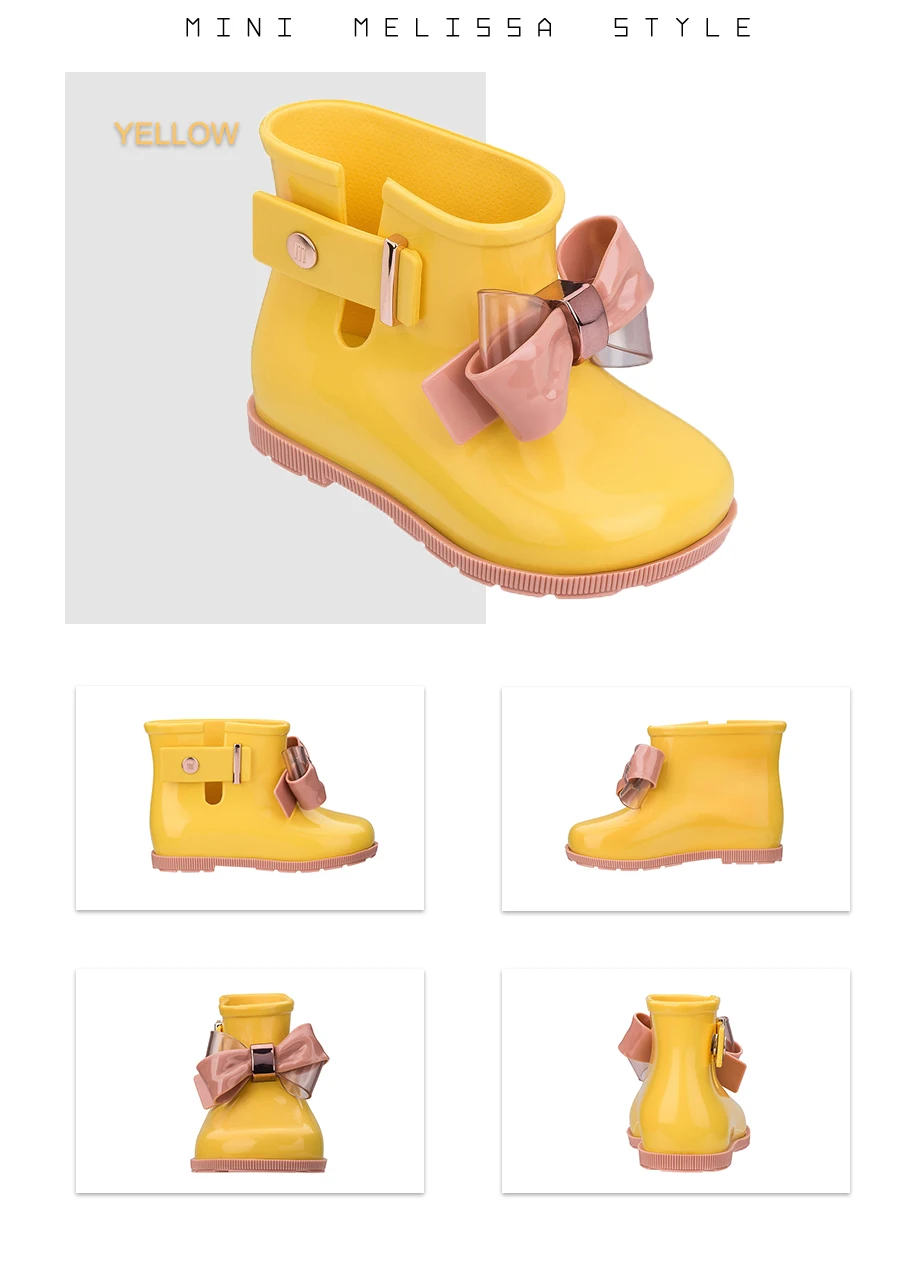 Mini Melissa/детские резиновые сапоги с бантом для девочек и мальчиков; Новинка года; детская обувь принцессы для малышей; Милая нескользящая обувь на плоской подошве для маленьких девочек