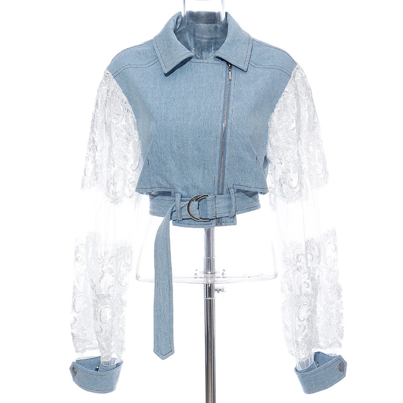 denim jacket with lace sleeves