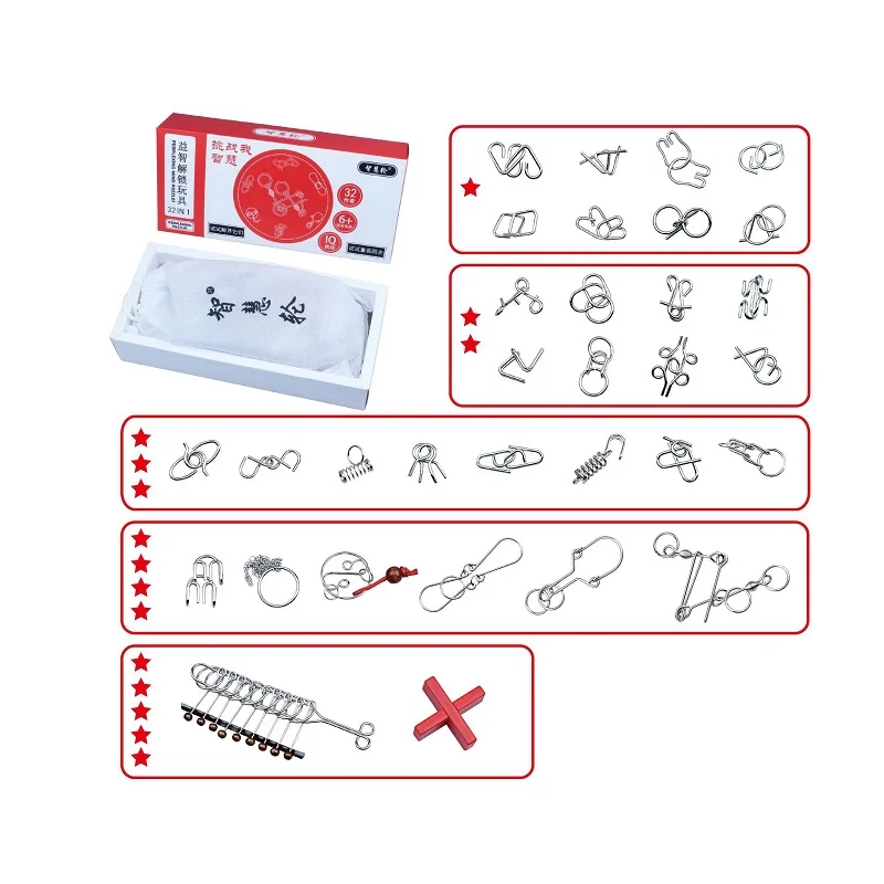 32-piece Suit Classic Adult children Intelligence Montessori Metal Wire Toy Puzzle Magic Ring Unlock Intelligence Buckle