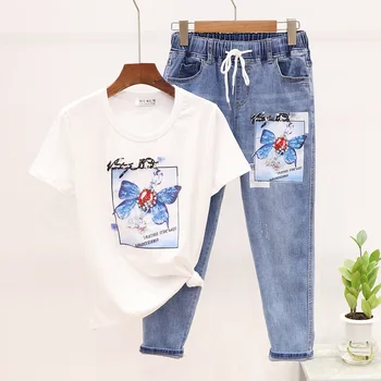 

Summer New T shirt Women Fashion Beaded Sequins Butterfly Print Short Sleeve Top + Casual Seven Points Jeans Women Two Piece Set