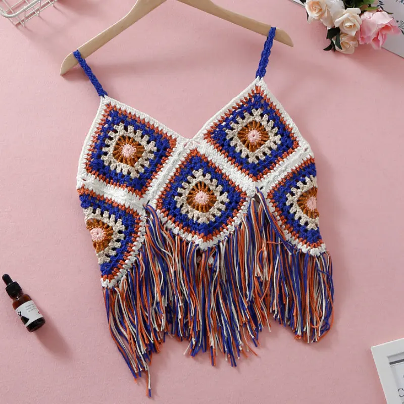 Vintage Chic Fashion Women Hollow Out Floral Embroidery Sleeveless Bohemian Knitted Cotton Tops Beach Tassel  Boho Camis gym bra