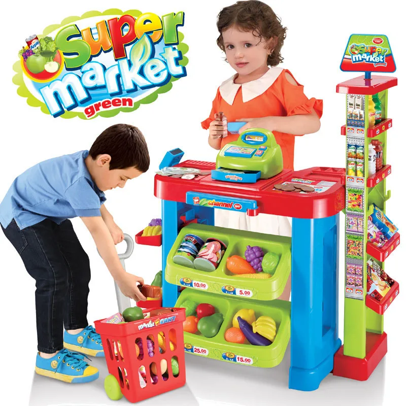 

Children Play House Cash Register Set of Super Simulation Supermarket Operation Platform with Fruit Food Light Sound