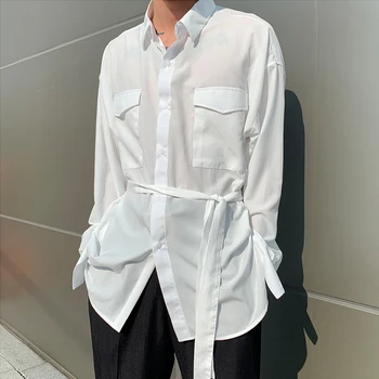 

Men Belt Casual Long Sleeve Loose Shirt Male Women Korea Japan Streetwear Fashion Retro Couple White Shirts
