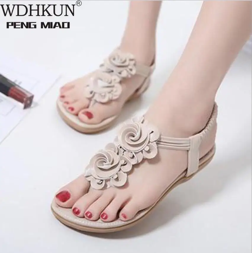

WDHKUN New Women Summer Casual Bohemia Flat Sandals Shoes Woman Flower Flip Flop Sweet Beach Sandals Shoes Size 35-41