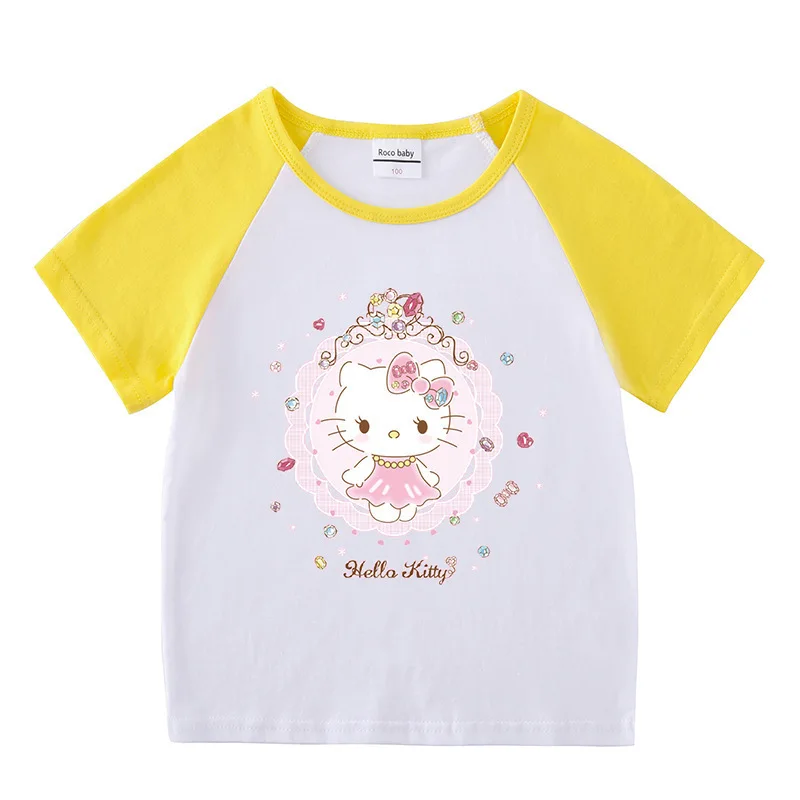 thumbnail image 1 of Hello Kitty algodón cuello redondo nueva camiseta de manga corta de verano para niños niñas niño camiseta raglán camisa de fondo bebé lindo dibujos animados Top, 1 of 5
