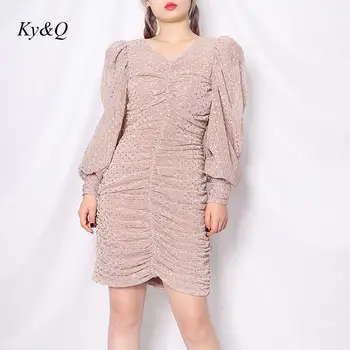 

High Quality Luxury Party Dresses 2020 Summer Dot Print Fashion Pleated Sequined Lantern Long-sleeved Mesh Sexy Slim Mini Dress