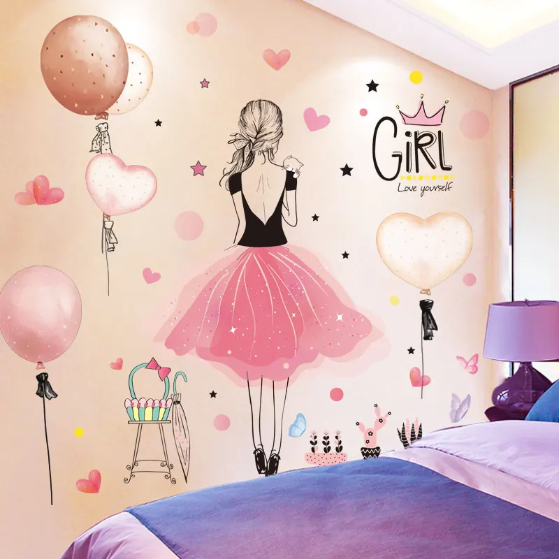 [SHIJUEHEZI] мультфильм девушка наклейки на стену воздушные шары "сделай сам" горшок растение настенные наклейки для дома гостиная дети спальня украшения