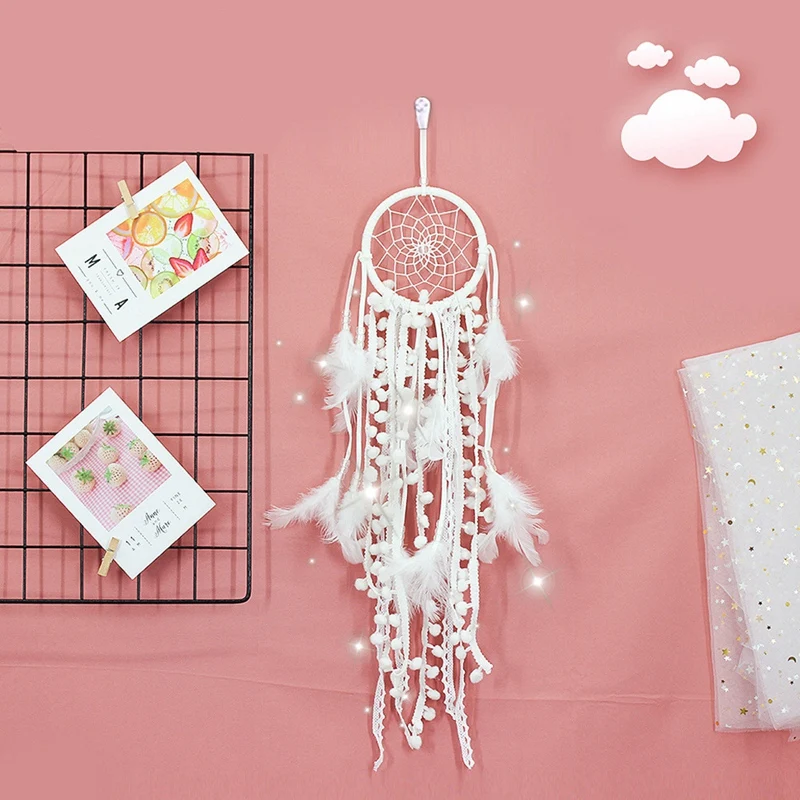 

Fashion-Handmade Lace Dream Catcher Wind Chimes with Indian Style Car Wall Hanging White Feather Dreamcatcher Home Decoration