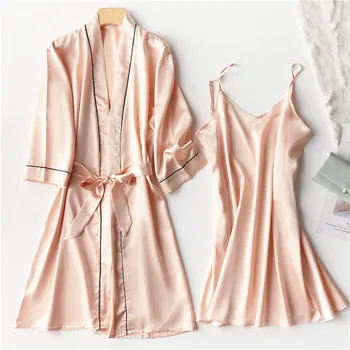 

Champagne Bride Bridesmaid Wedding Robe Silky Intimate Lingerie Kimono Gown Women Satin Nightdress 2PCS Nighty&Robe Suit