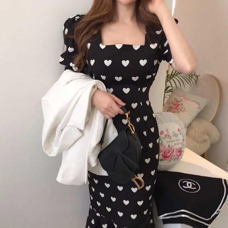 Korean Woman One-Piece Dress Summer 2020 Vintage French Loving Slim Ruffled Fishtail Long Dress Lady Elegant Short Sleeve Dress