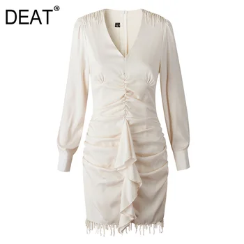 

[DEAT] 2020 Spring Summer New Arrivals V-neck Solid Slim Straight Women Fashion Casual Tassel Above Knee Mini Dress AW12112S