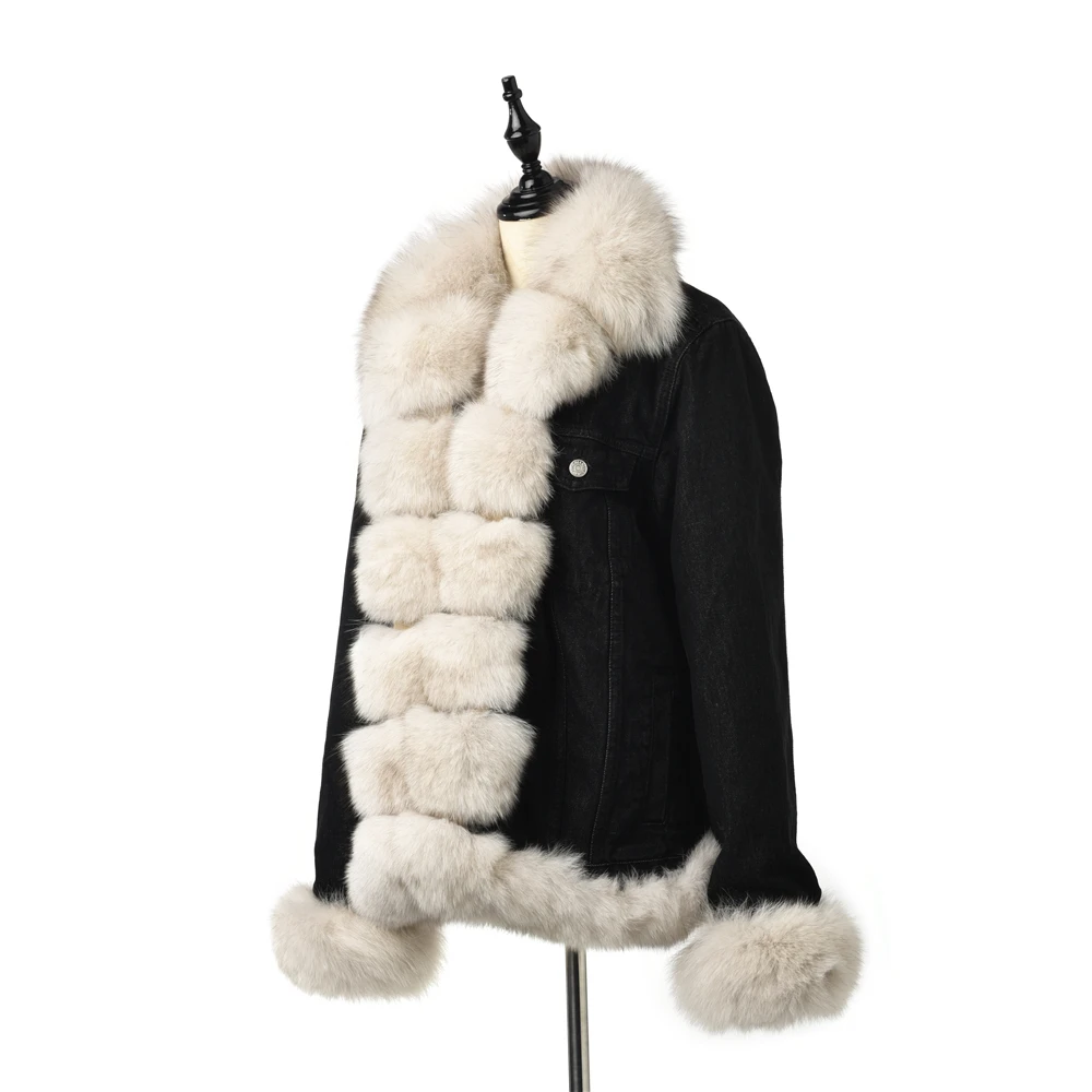 Женская Шуба из натурального меха шуба Лисьего с меховым капюшоном черная парка