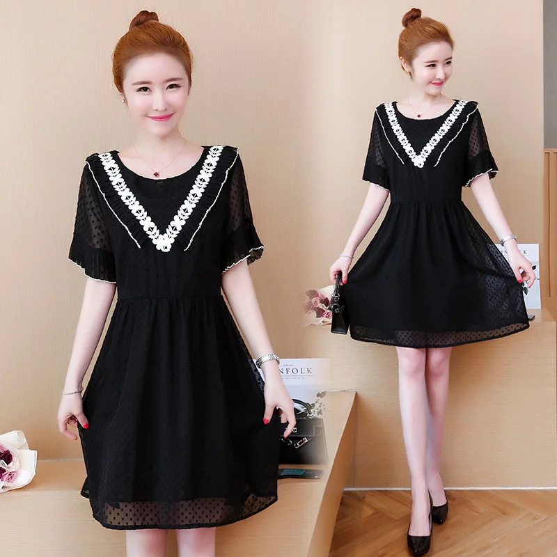 

2019 Summer New Style Skirt Large GIRL'S Pleated Lace-up Joint Black And White with Pattern Waist Hugging Chiffon Large Size Dre