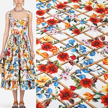 

100x135cm Fashion Fence Morning Glory Printed Cotton or Thin Chiffon Fabric for Woman Summer Dress Blouse Pants DIY Sewing
