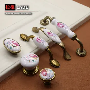 

1PCs Vintage Ceramic Knob Metal Retro Handle Pull Button Ceramic Cabinet Knobs Handles China Flower furniture Hardware Newest