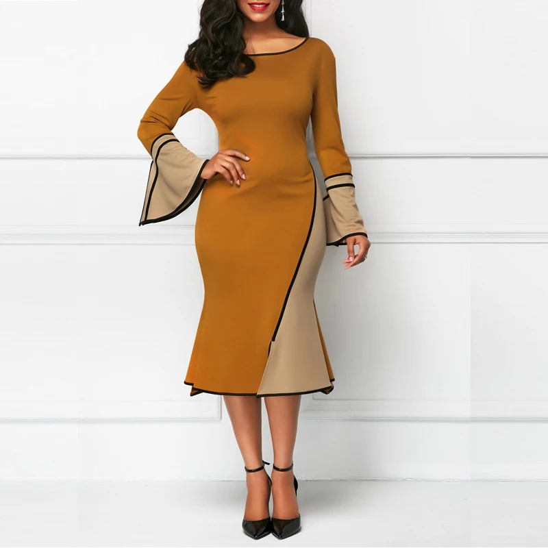 

Plus Size Elegant Patchwork Flare Sleeve Party Dress Vintage Large Long Sheath O-Neck Summer 4xl Dress Long Sleeves Office Dress