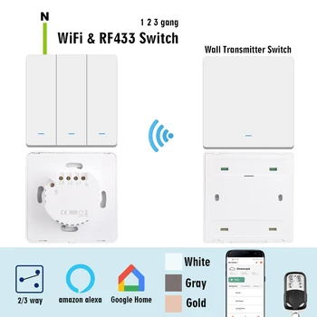

WiFi RF433 Smart Push Button Switch,RF433 Wall Transmitter,2/3 way,Wireless APP Control Light Switch Works with Alexa Googlehome