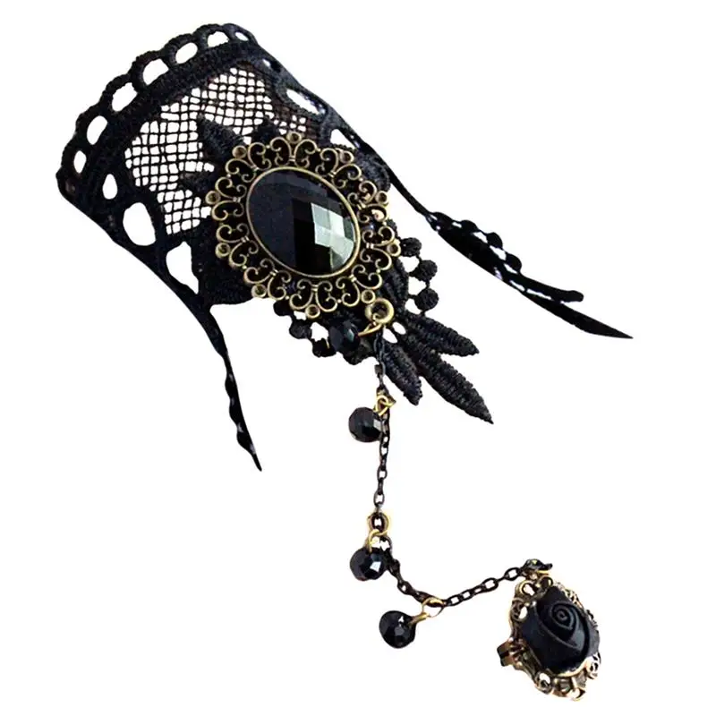 1pc Handmade Gothic Style Retro Lace Bracelet With Ring Wedding Wristband Decor Jewelry Accessories For Women Party Dress Up bracelet jewelry