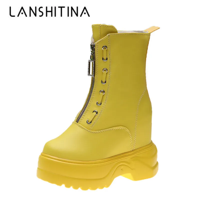 

New Women Platform Boots 2019 Autumn Waterproof Ankle Boots 10CM Wedge Heels Leather Sneakers Winter Warm Fur High Heels Boots