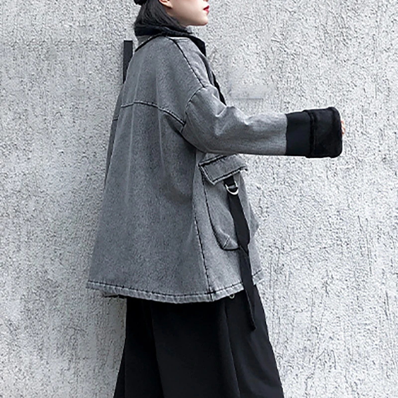 SeeBeautiful New Fashion Autumn Winter Contrast Color Lapel Long Sleeve Zipper Pockets Denim Loose Jacket Coat Woman Q157
