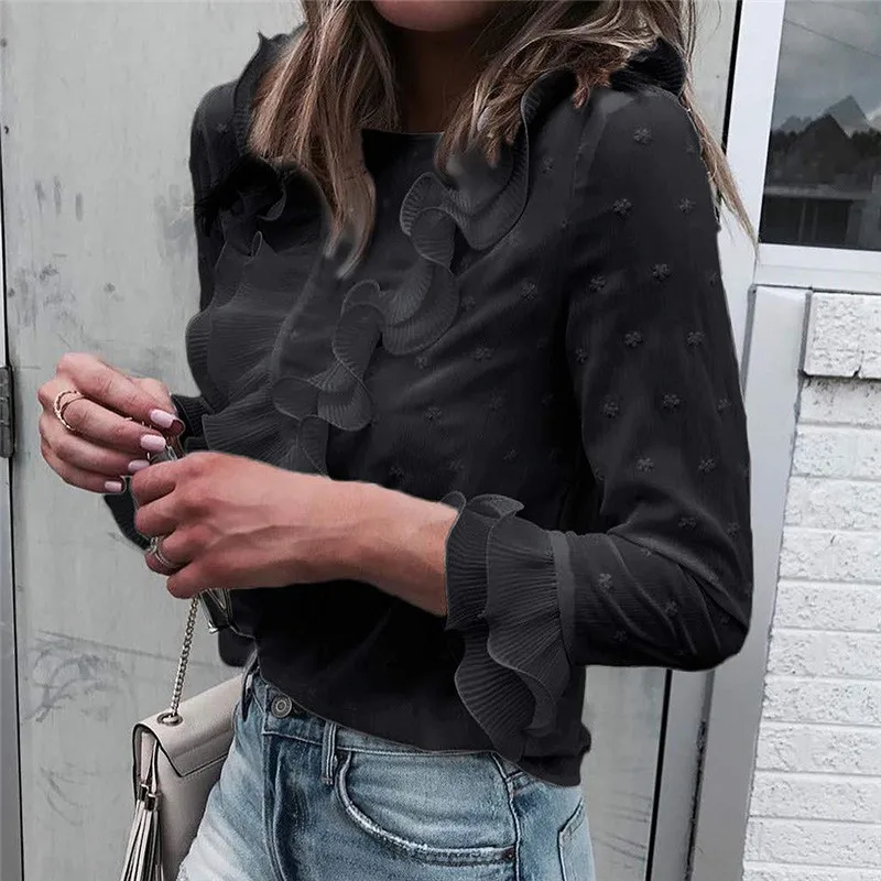 Women Casual Chiffon Blouse Tops Solid Black V-Neck Ruffle Sleeve Blouse Ladies Long Sleeve Shirt Tops Autumn Loose Women Blouse
