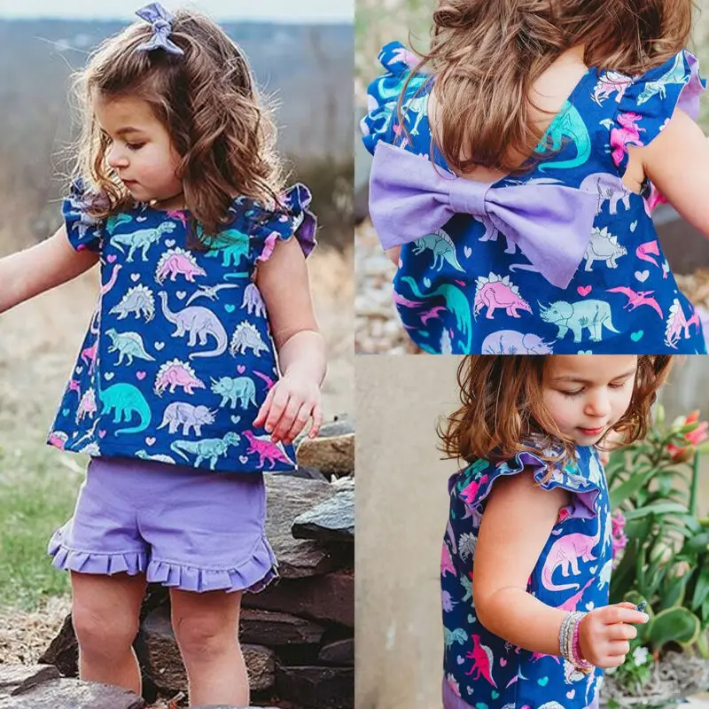 Emmababy Summer Toddler Baby Girl Clothes Dinosaur Bow Tops Shorts Outfit Sunsuit