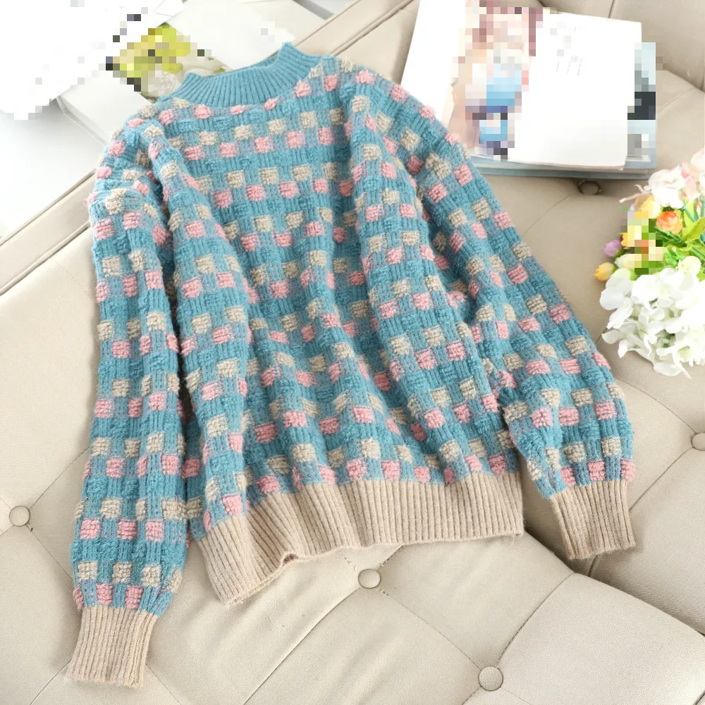 blue Neploe, женские свитера, корейские, свободные, вязаные, в клетку, с круглым вырезом, с длинным рукавом, женские свитера, Ретро стиль, с длинным рукавом, пуловеры, топы 80230 - Цвет: blue