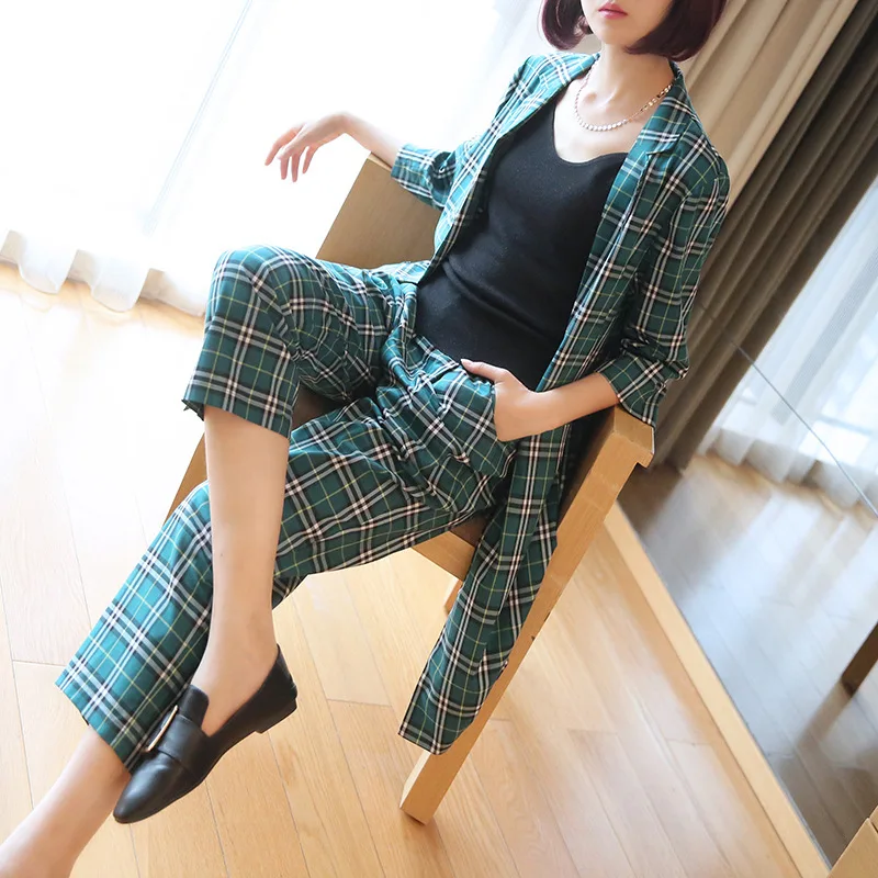 

Official Half Sleeve Two Piece Set Print Plaid Long Coat and Wide Leg Pants For Women Autumn 2 Piece Set Women Set Outfits Suit