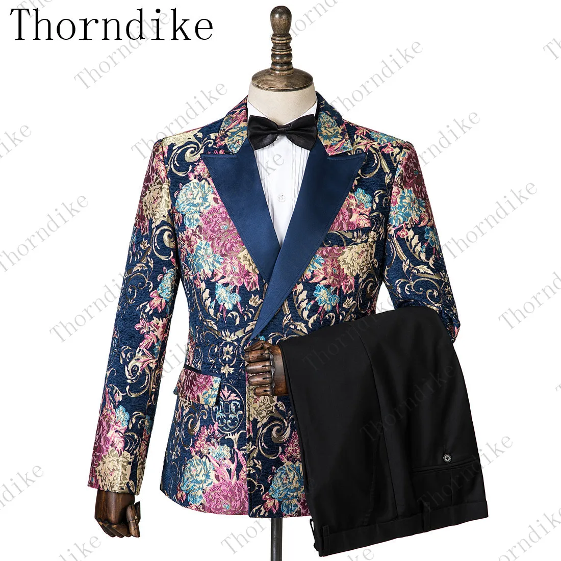 Mens Suit Groom Navy Blue Jacquard Tuxedos Men's Wear Wedding Party Groomsman (Jacket+Pant+Vest)