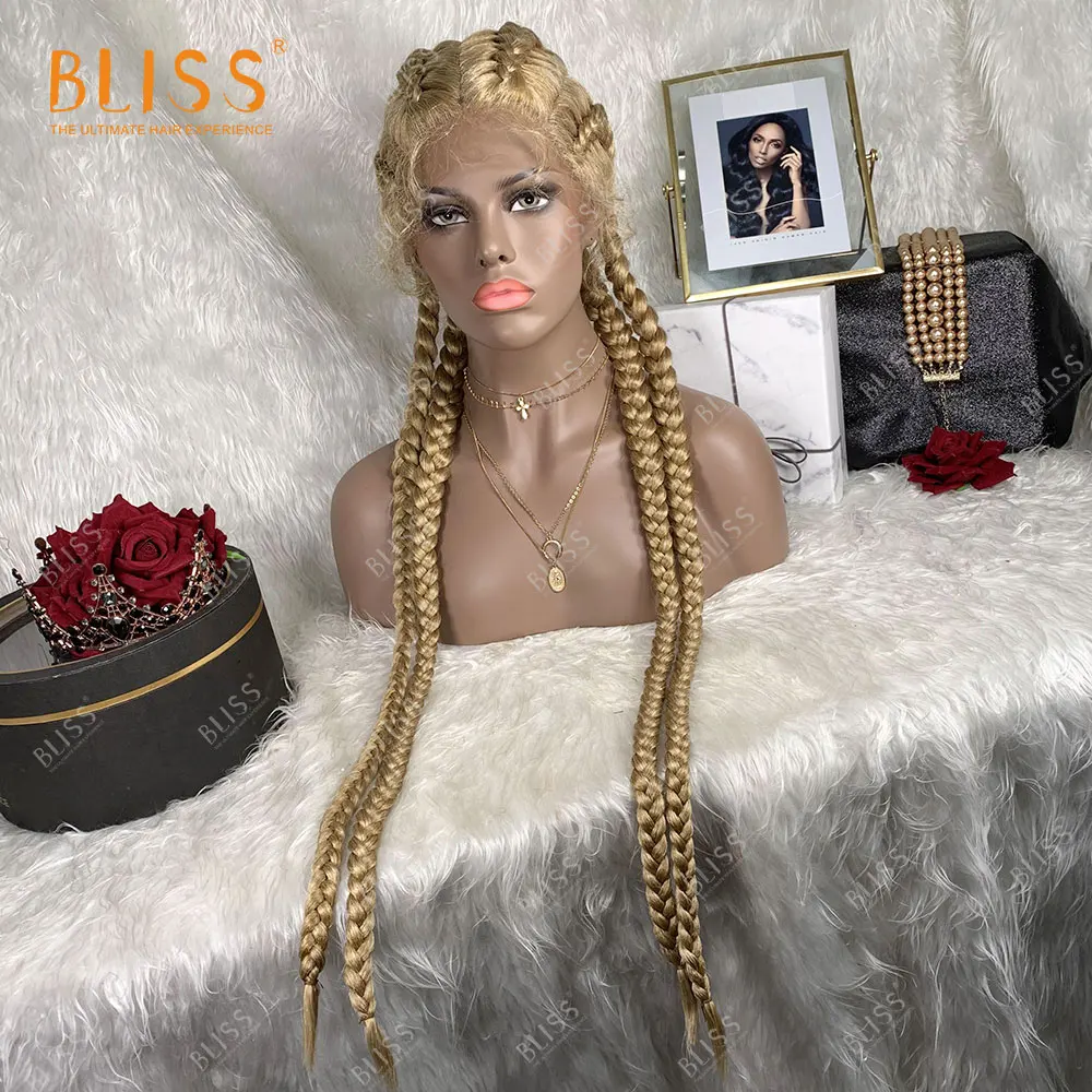 BLISS-Peluca de cabello sintético para mujeres negras, postizo de encaje negro, caja afroamericana, 4 cajas largas trenzadas, 360