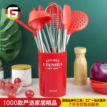 

Stainless Steel Handle Chinese Silicone Kitchenware Kit with chu ju tong Nonstick Spatula Set of 9 Silicone Kitchenware Package