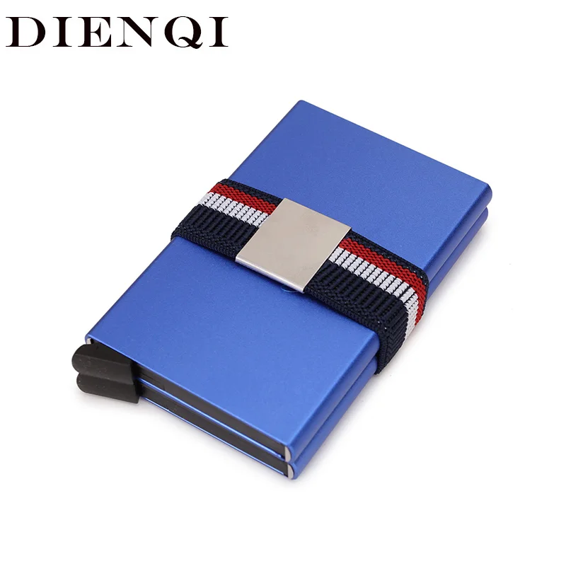 DIENQI, двойной металлический чехол, мужские кошельки, синий, анти-Rfid, блокировка, карта, кошелек, сумка для денег, мужской короткий, всплывающий, волшебный кошелек, маленький кошелек