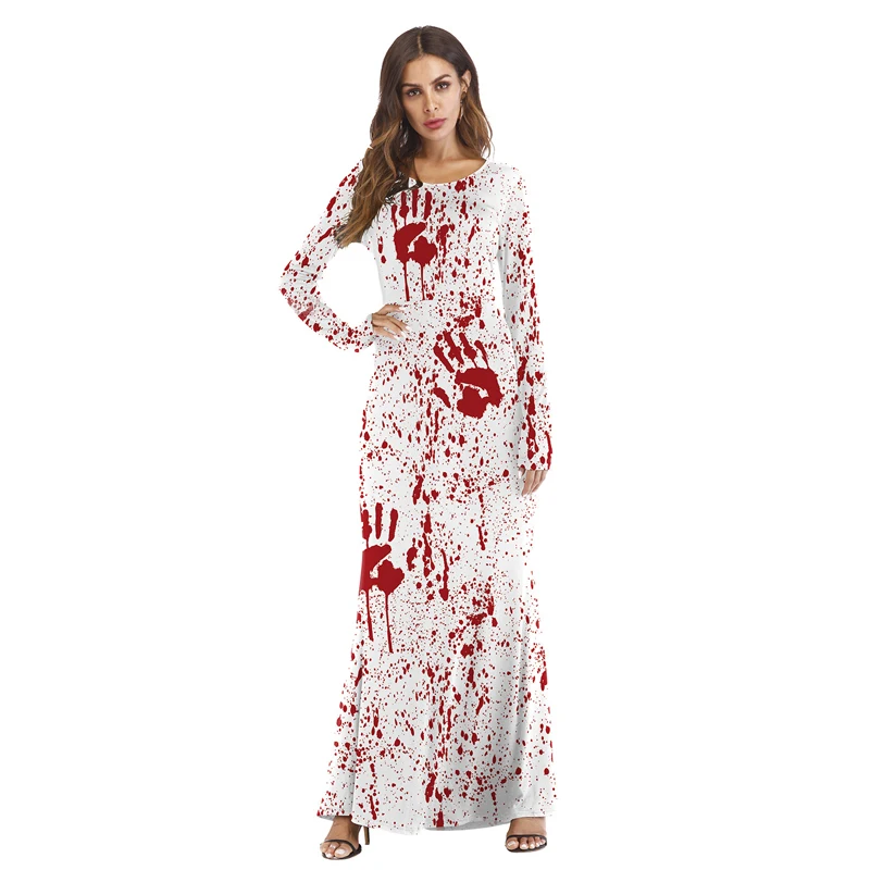 

BKMGC Women Halloween Clothes Scary Printed Sexy Long Sleeves Cotton Dress Autumn Party Night Dress O-neck Gothic Style