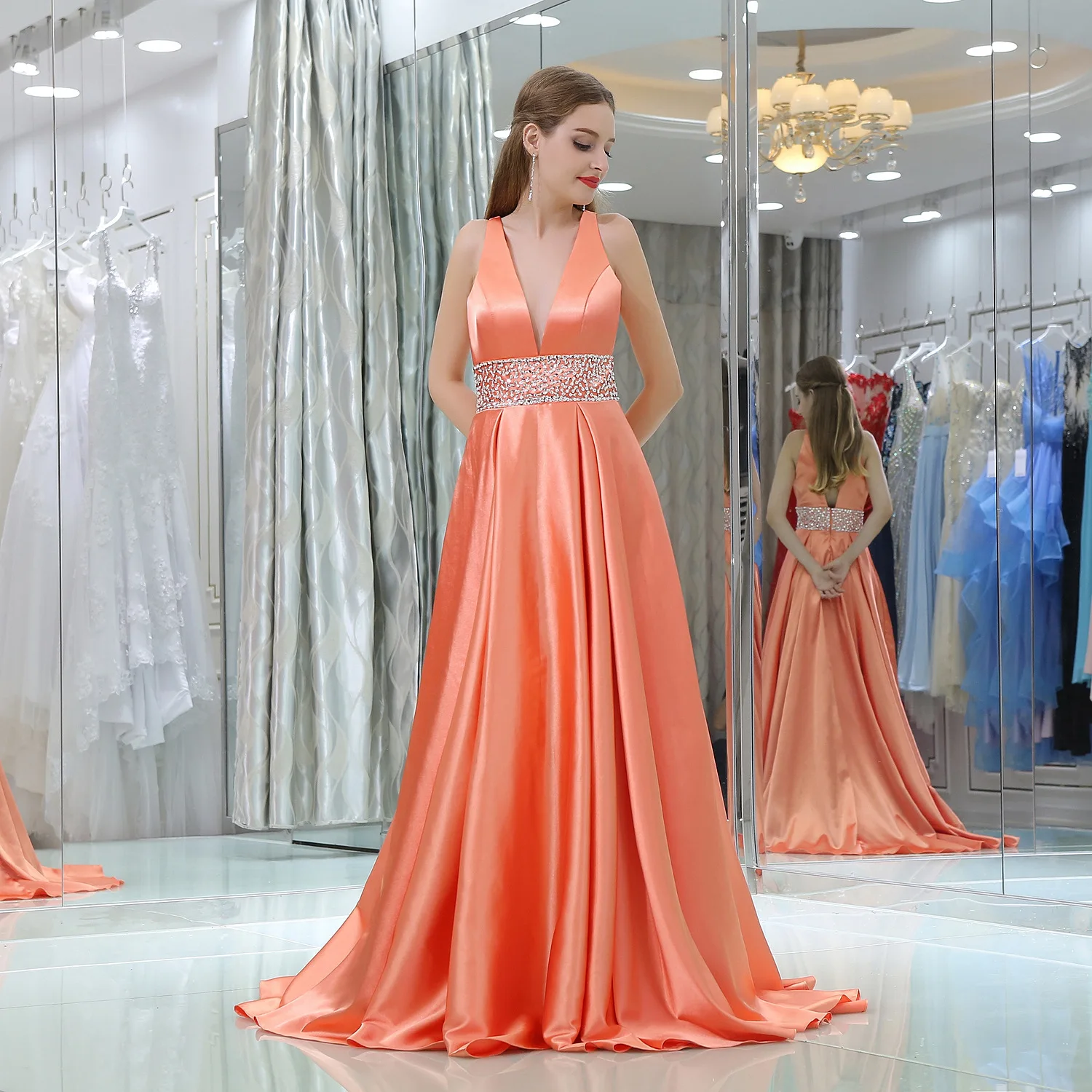 

Sexy Satin Evening Dresses Long Beaded V-neck A Line Formal Dress Women Elegant Custom Made Plus Size Gala Event Party Gown 2019