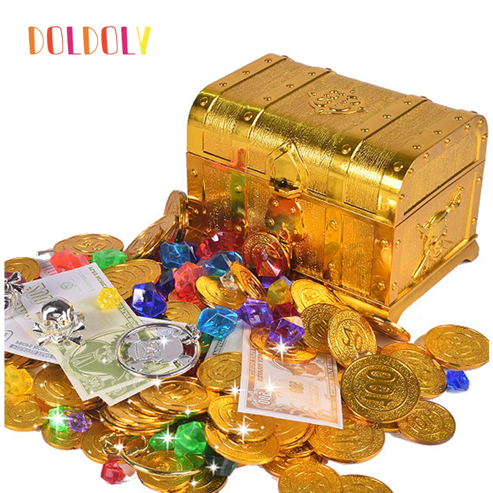 Treasure Chest Box Toy Plastic Gold Coins Pirate with Jewelry Gems Toys 