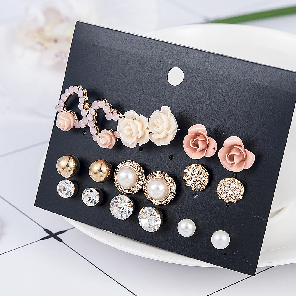 2019 New Fashion Women 9pair/set Flower Pearl Alloy Ear Earring Cute Crystal Wedding Jewelry Gifts For Girl korean fashion